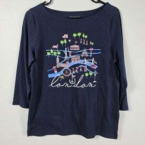 Talbots London Graphic Boatneck Top Large Women NWT 3/4 Sleeve Navy Blue